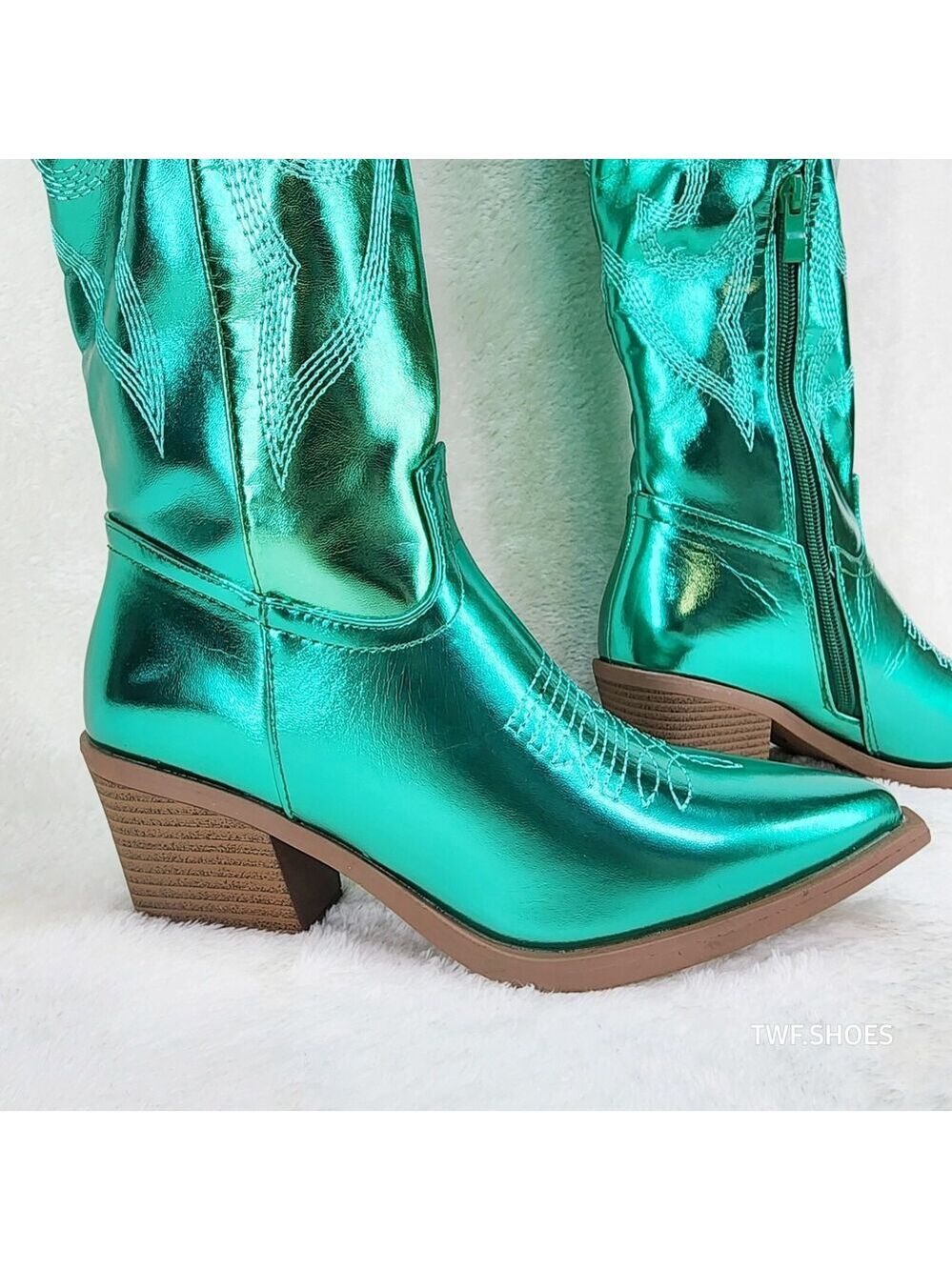 NIB Country Disco Cowboy Metallic Green Western Cowgirl OTK Thigh Boots - Picture 11 of 16